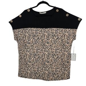 Fair Haven Women 2XL Leopard Print Colorblock Ribbed Top Accent Buttons NWT‎